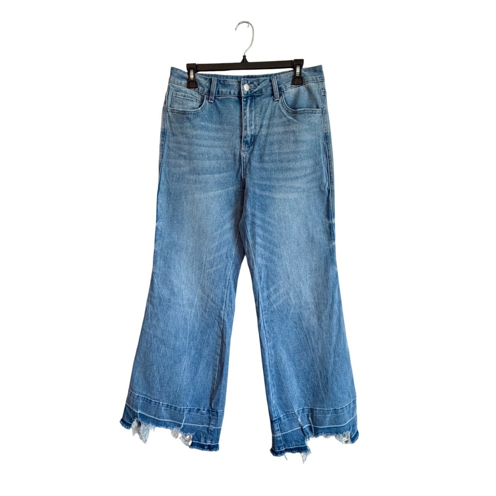 The Pink Pistol Women Blue Wide Leg High Rise Raw Asymmetric Hem Jeans Size 10
